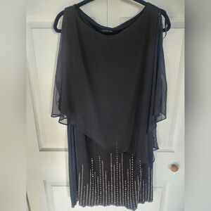 Xscape Chiffon Knee Length, cold shoulder , Beaded Black Dress